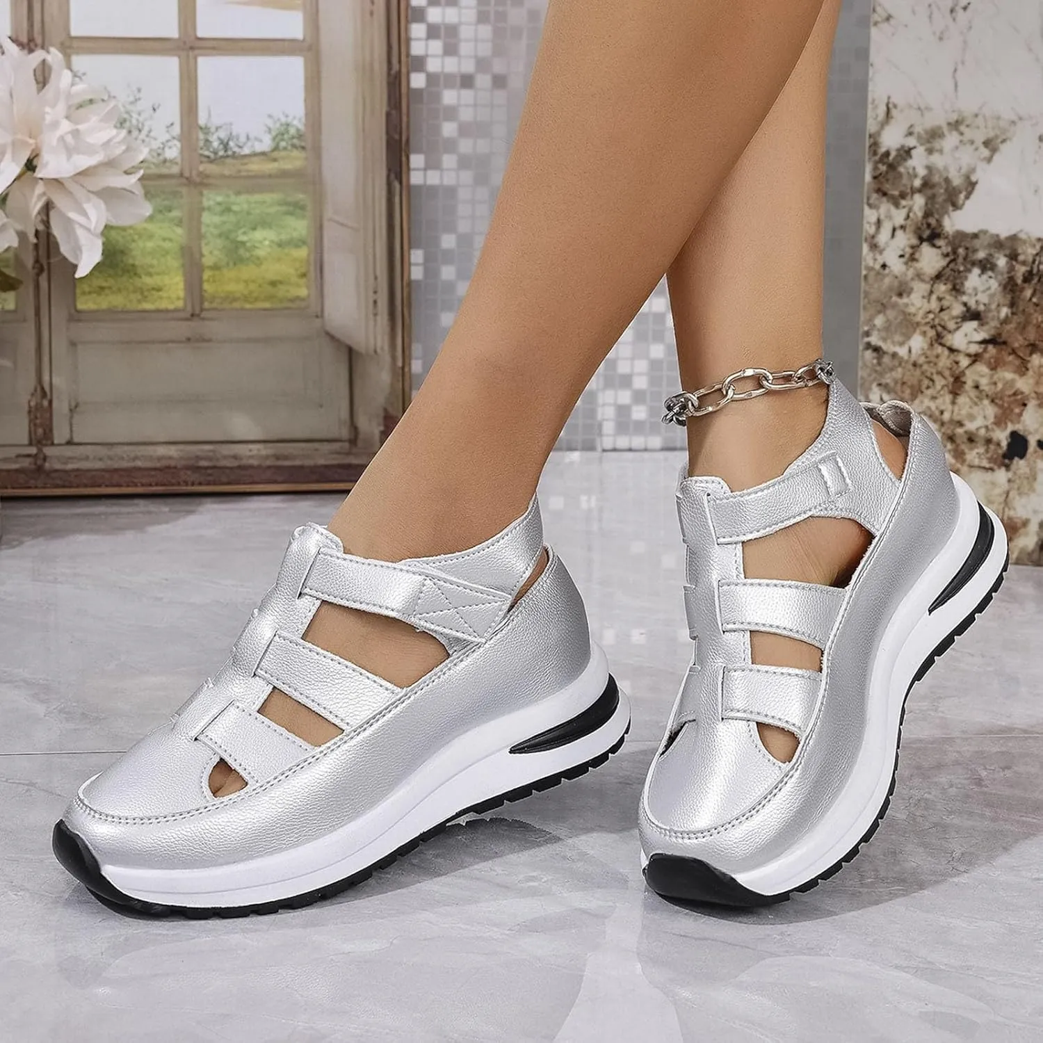 Orthopedic Wedge Sandals for Women Summer Dressy Closed Toe Ankle Strap Platform Sneakers Cutout Low Wedges Slip on Sandals Comfortable Outdoor Shoes 