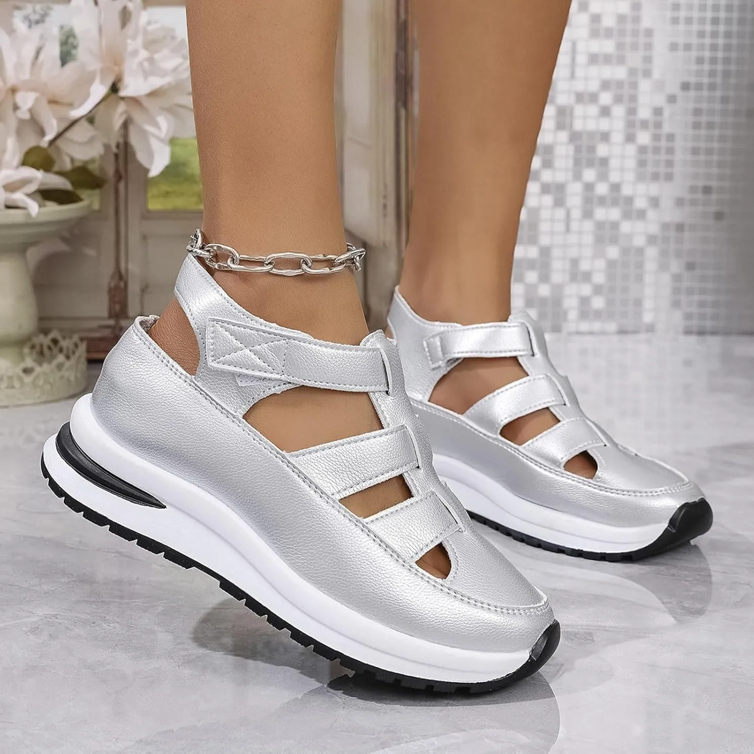 Orthopedic Wedge Sandals for Women Summer Dressy Closed Toe Ankle Strap Platform Sneakers Cutout Low Wedges Slip on Sandals Comfortable Outdoor Shoes 
