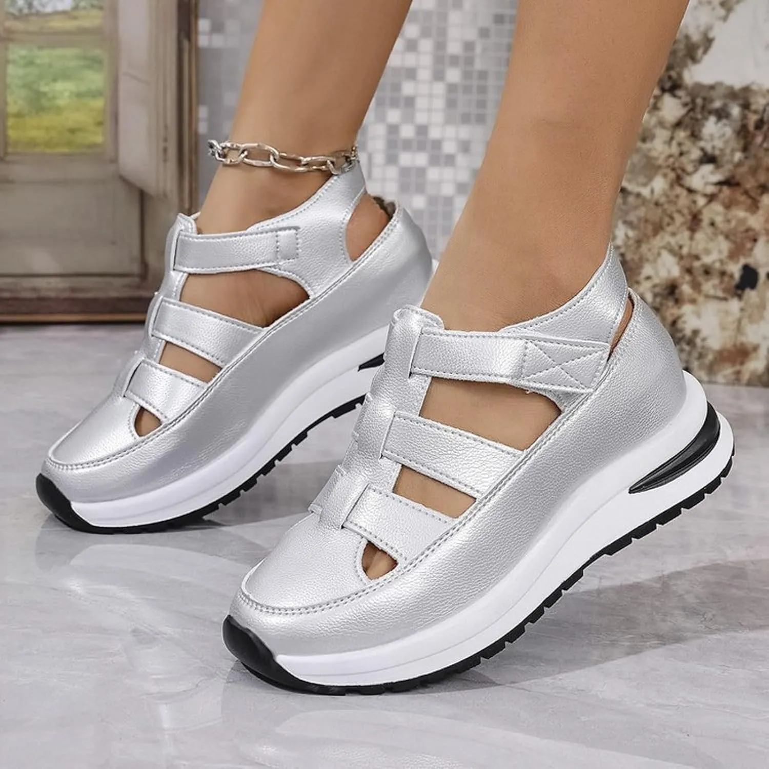Orthopedic Wedge Sandals for Women Summer Dressy Closed Toe Ankle Strap Platform Sneakers Cutout Low Wedges Slip on Sandals Comfortable Outdoor Shoes 