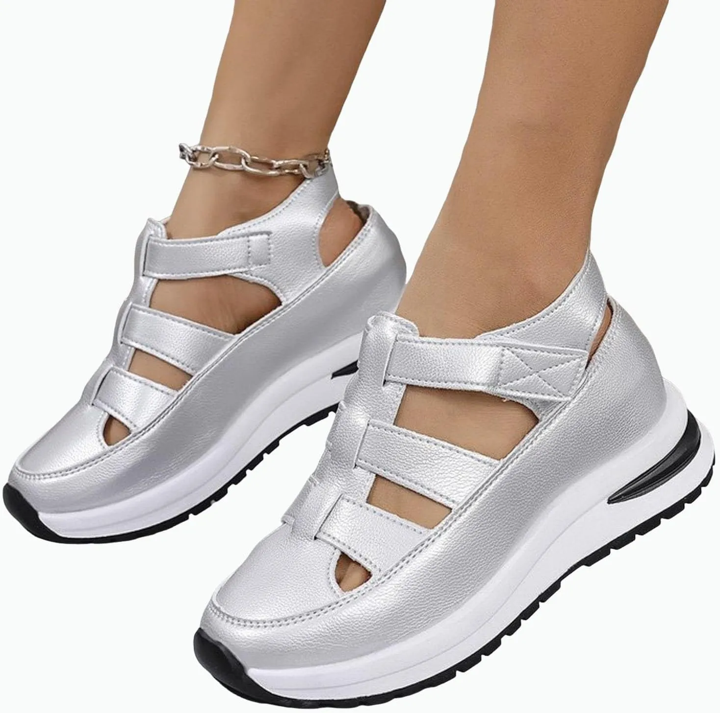 Orthopedic Wedge Sandals for Women Summer Dressy Closed Toe Ankle Strap Platform Sneakers Cutout Low Wedges Slip on Sandals Comfortable Outdoor Shoes 