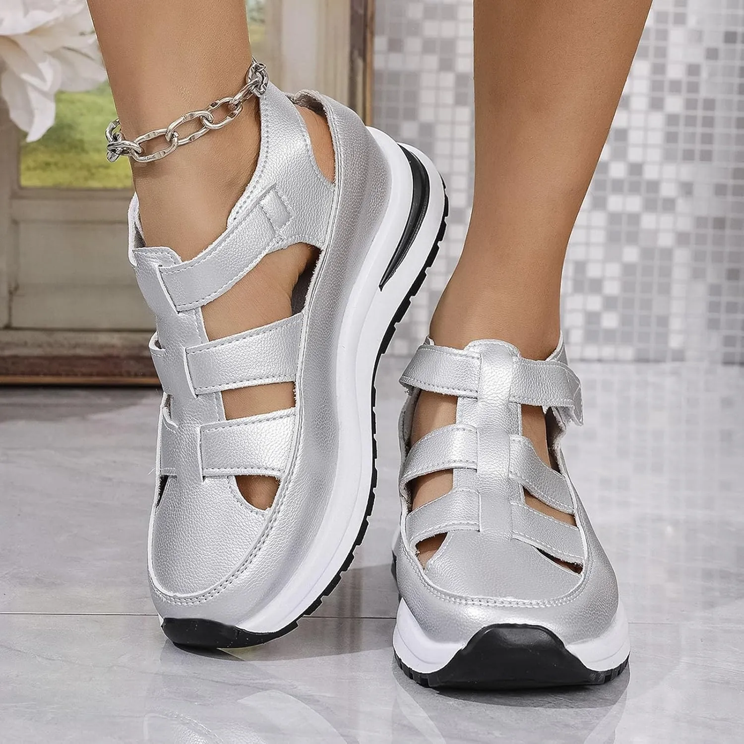 Orthopedic Wedge Sandals for Women Summer Dressy Closed Toe Ankle Strap Platform Sneakers Cutout Low Wedges Slip on Sandals Comfortable Outdoor Shoes 