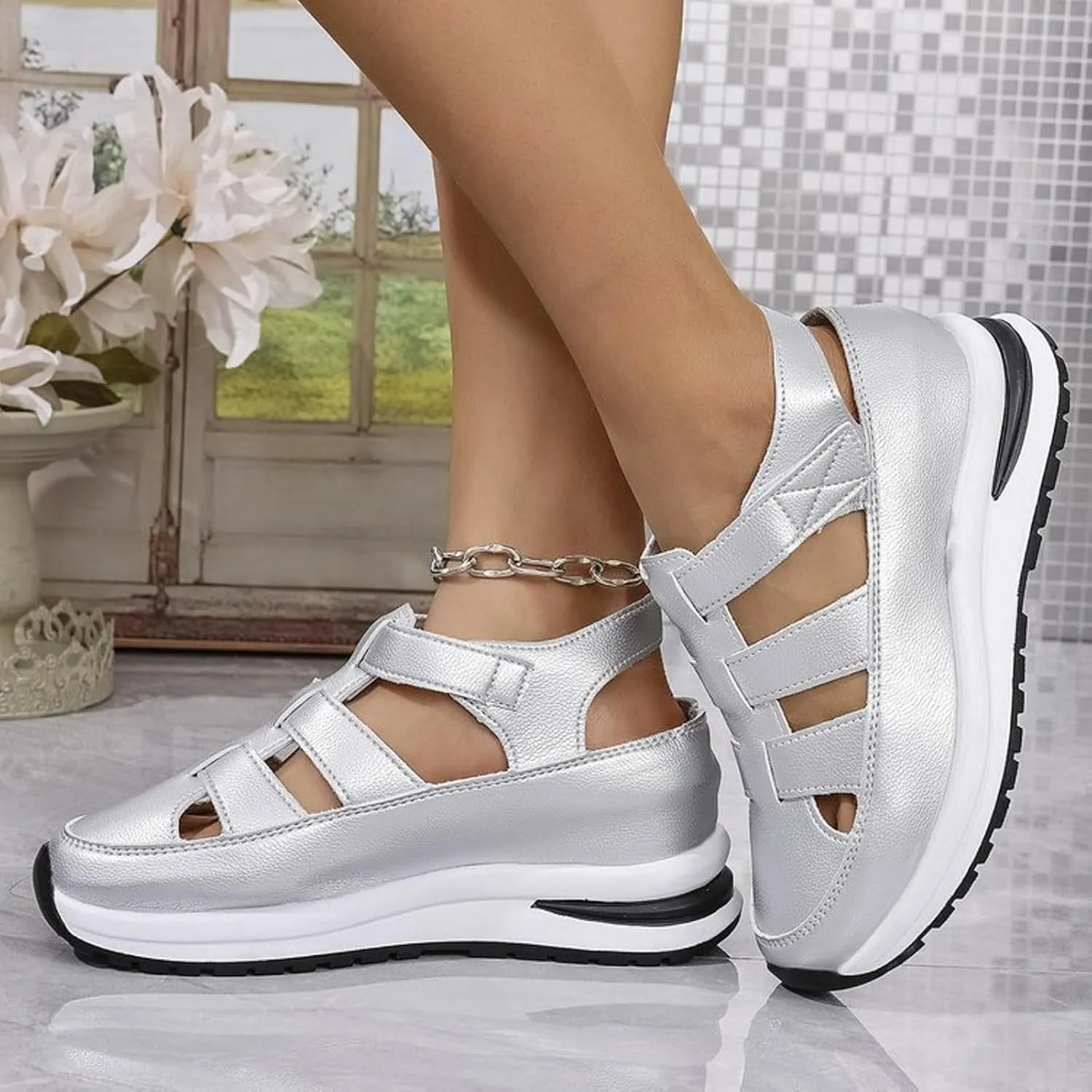 Orthopedic Wedge Sandals for Women Summer Dressy Closed Toe Ankle Strap Platform Sneakers Cutout Low Wedges Slip on Sandals Comfortable Outdoor Shoes 