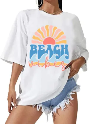 Oversized Beach Tshirts for Women Funny Summer Tops Cotton Funny Graphic Tees Vintage Shirt White