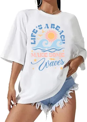 Oversized Beach Tshirts for Women Funny Summer Tops Cotton Funny Graphic Tees Vintage Shirt White