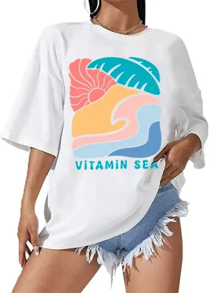 Oversized Beach Tshirts for Women Funny Summer Tops Cotton Funny Graphic Tees Vintage Shirt White