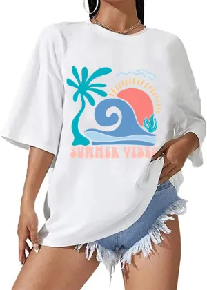 Oversized Beach Tshirts for Women Funny Summer Tops Cotton Funny Graphic Tees Vintage Shirt White