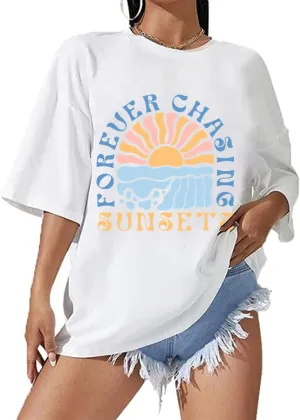 Oversized Beach Tshirts for Women Funny Summer Tops Cotton Funny Graphic Tees Vintage Shirt White