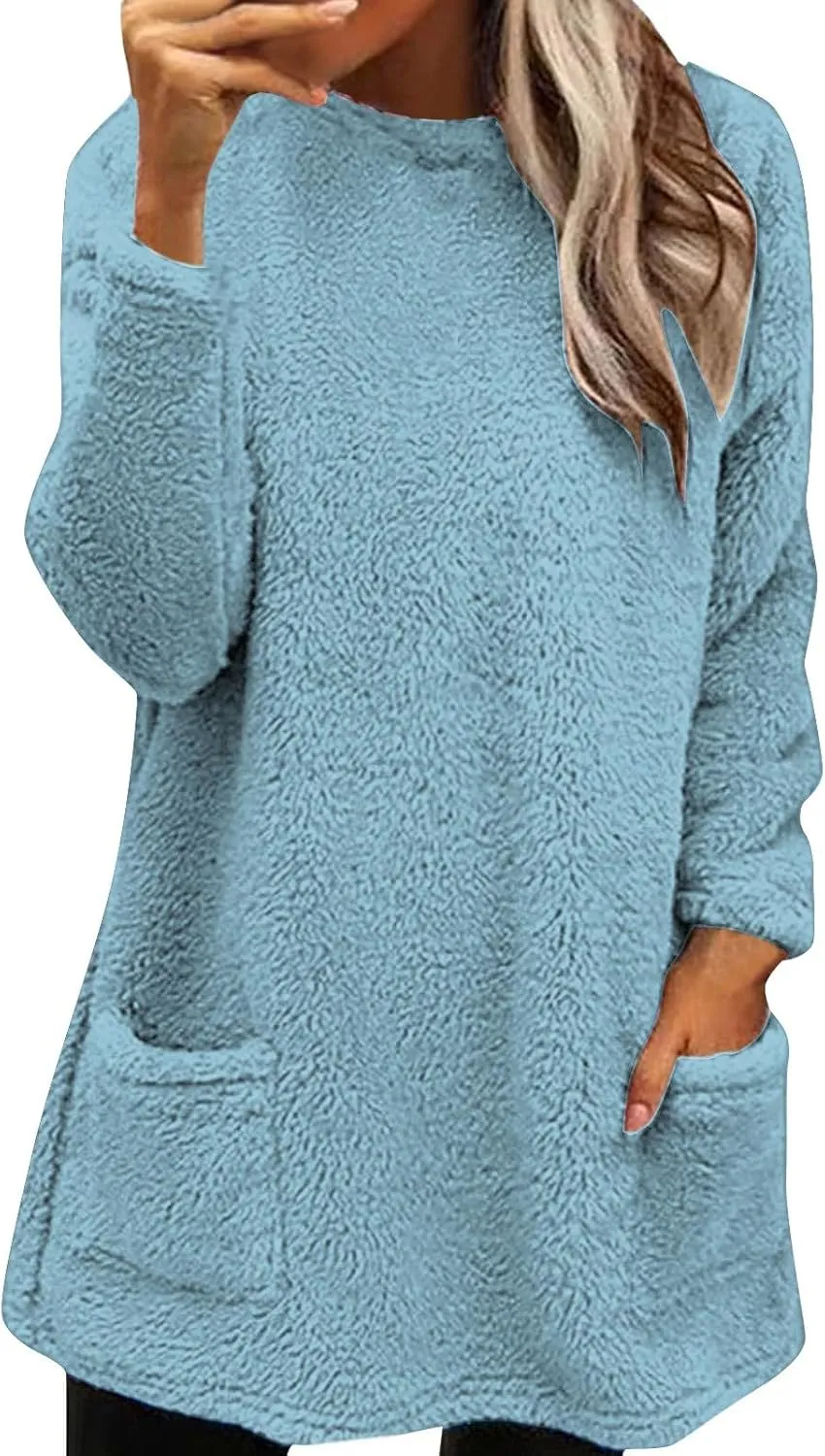 Oversized Fuzzy Fleece Sweatshirts for Women Fashion 2025 Parka Warm Outerwear Letter Print Loungewear with Pockets