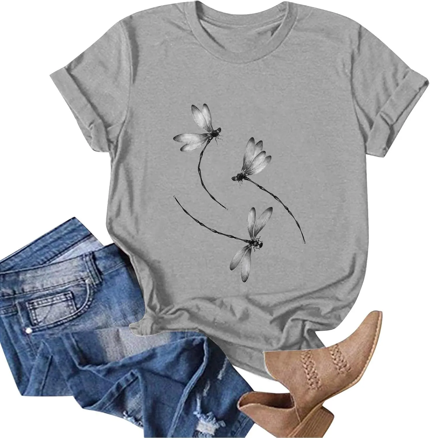 Oversized Graphic Tee Shirts for Women Casual Summer Funny Dragonfly Printed Short Sleeve Loose Crewneck Cute T Shirts Tops