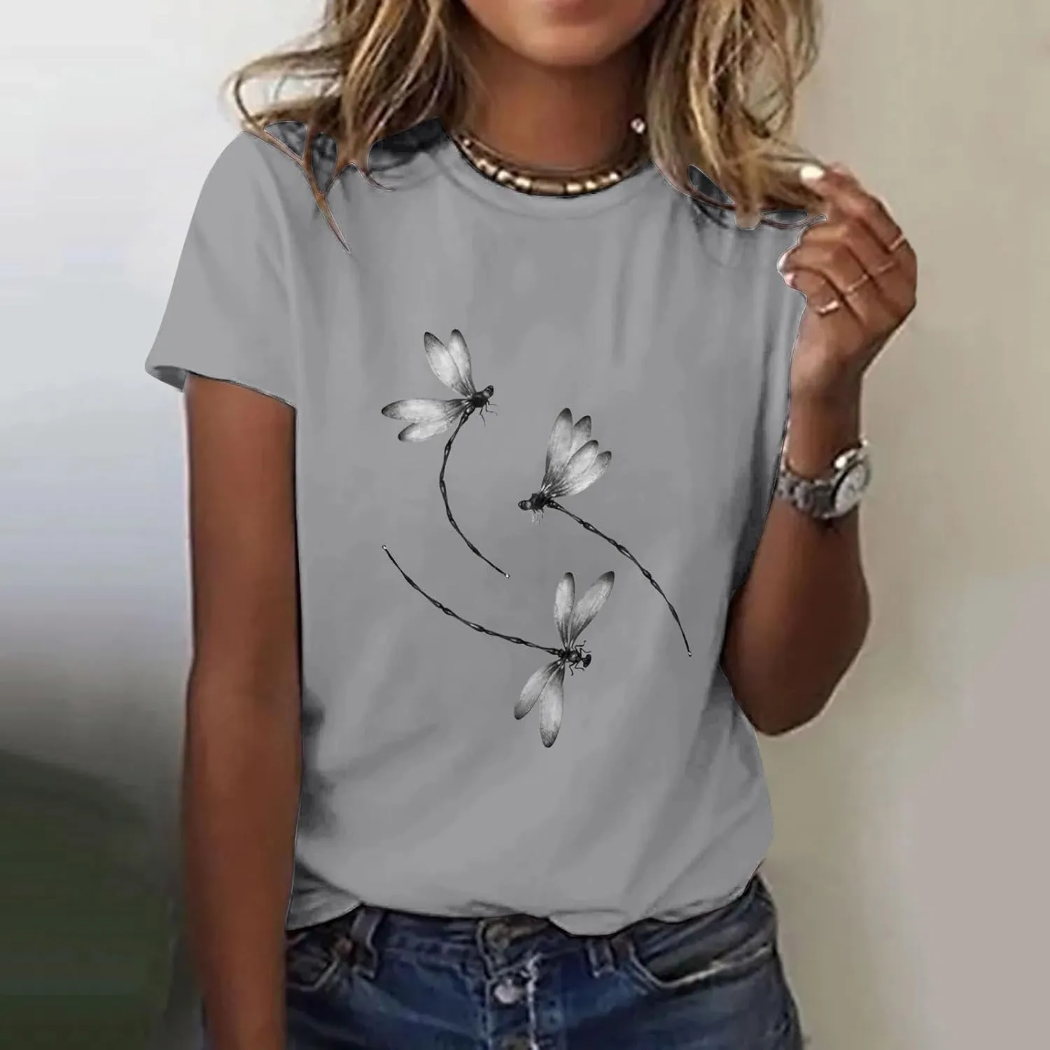 Oversized Graphic Tee Shirts for Women Casual Summer Funny Dragonfly Printed Short Sleeve Loose Crewneck Cute T Shirts Tops