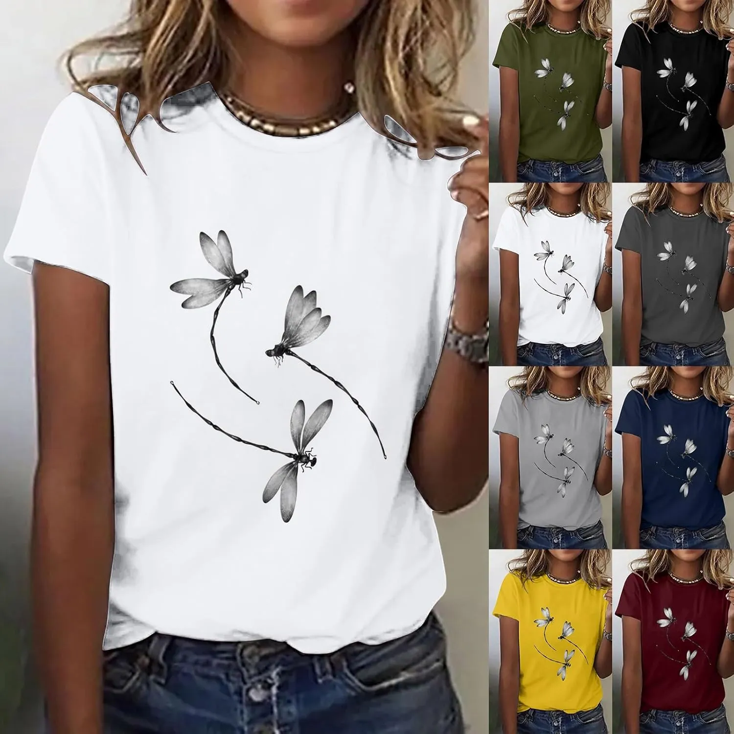 Oversized Graphic Tee Shirts for Women Casual Summer Funny Dragonfly Printed Short Sleeve Loose Crewneck Cute T Shirts Tops