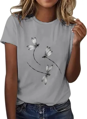 Oversized Graphic Tee Shirts for Women Casual Summer Funny Dragonfly Printed Short Sleeve Loose Crewneck Cute T Shirts Tops