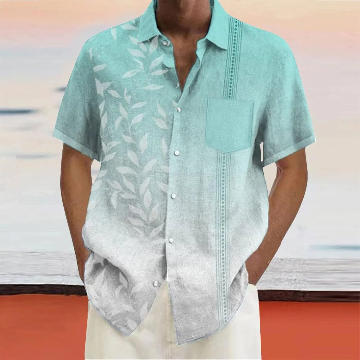 Oversized Shirts for Men Cuban Guayabera Casual Tee Tops Short Sleeve Button Down Summer Beach Vacation Hippie Tshirt