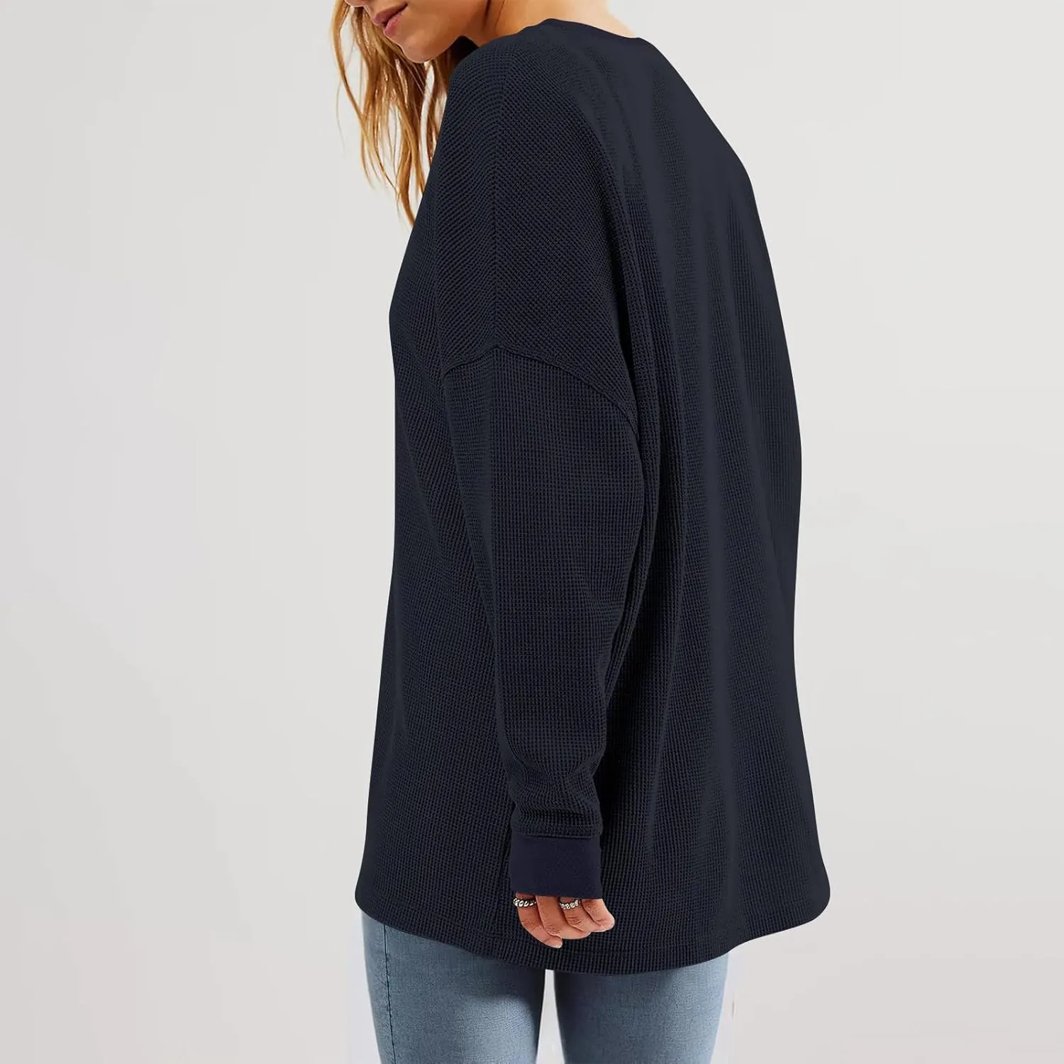 Oversized Sweatshirt for Women Drop Shoulder Crewneck Sweatshirts Casual Color Block Pullovers Waffle Knit Tops