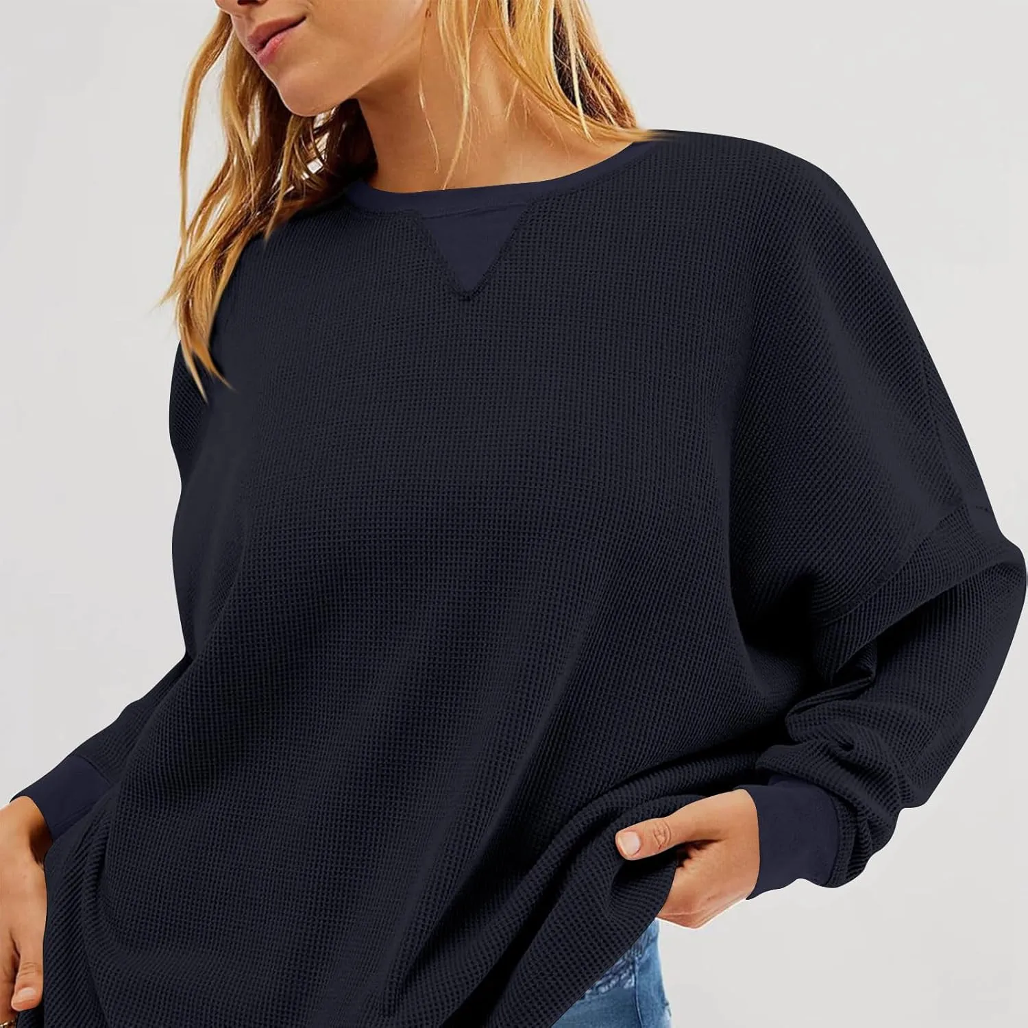 Oversized Sweatshirt for Women Drop Shoulder Crewneck Sweatshirts Casual Color Block Pullovers Waffle Knit Tops