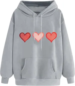 Oversized Sweatshirt for Women Funny Love Heart Print Hoodies Drop-shoulder Long Sleeve Pullover Tops with Pockets