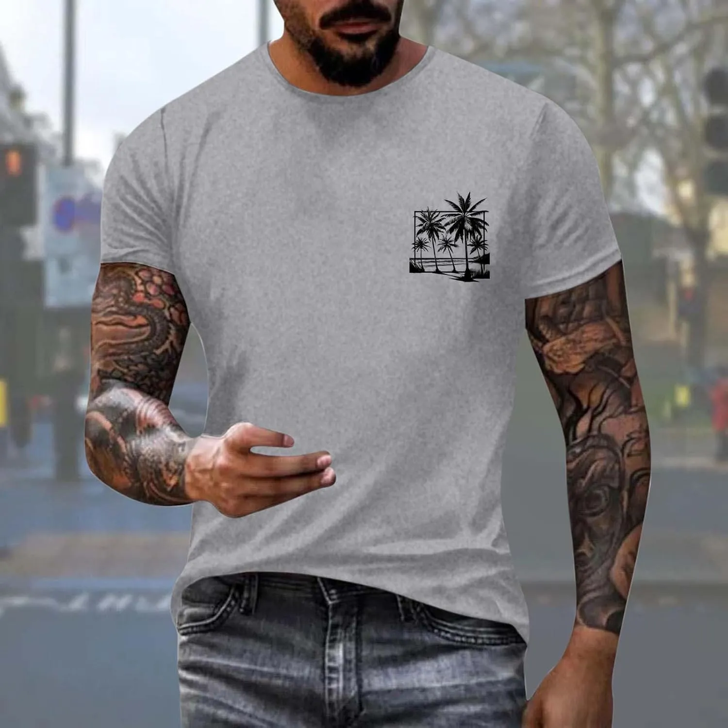 Oversized Tshirts for Men Y2K Palm Tree Letter Graphic Work Shirt Casual Crewneck Short Sleeve Breathable Tee Tops