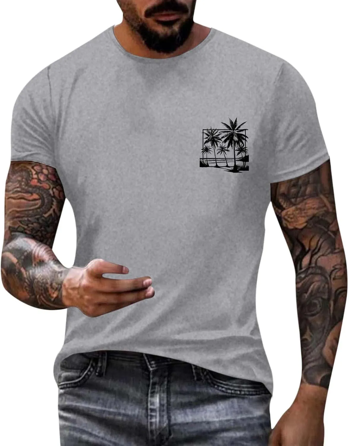 Oversized Tshirts for Men Y2K Palm Tree Letter Graphic Work Shirt Casual Crewneck Short Sleeve Breathable Tee Tops