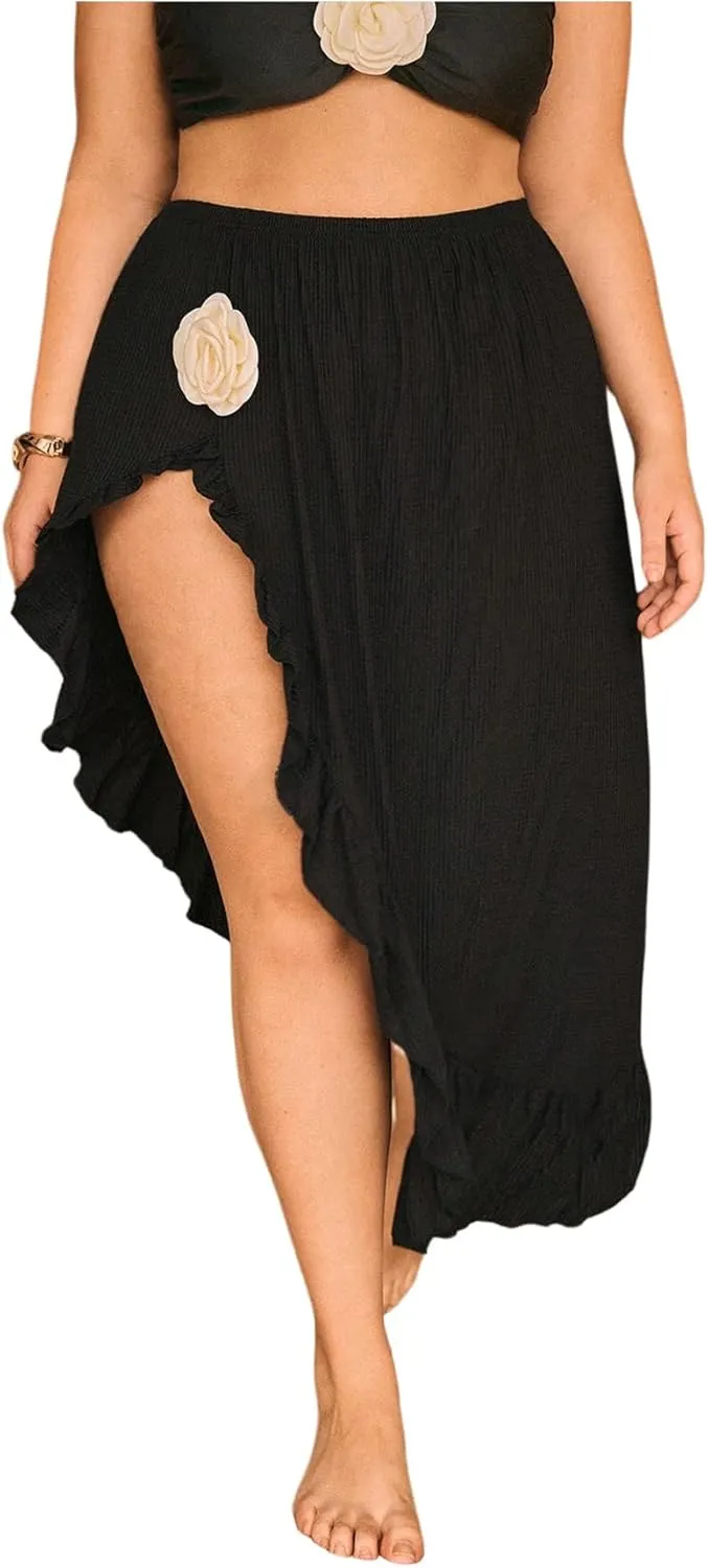 OYOANGLE Women's Plus Size Beach Cover Up Skirt 3D Floral High Slit Ruffle Long Skirts Swimwear