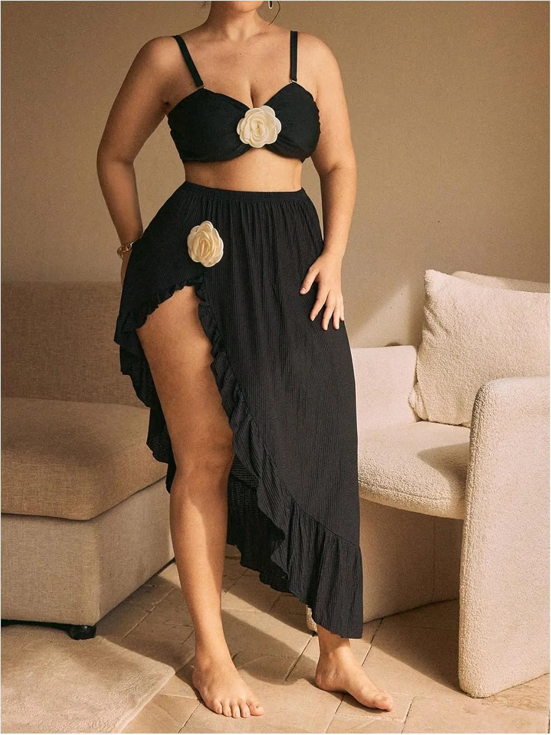 OYOANGLE Women's Plus Size Beach Cover Up Skirt 3D Floral High Slit Ruffle Long Skirts Swimwear