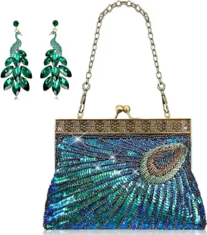 Peacock Vintage Clutch Purse Beaded Sequin Peacock Evening Clutch Bags with Emerald Green Earrings Bling Dangle Earrings Women's Evening Handbags for Wedding