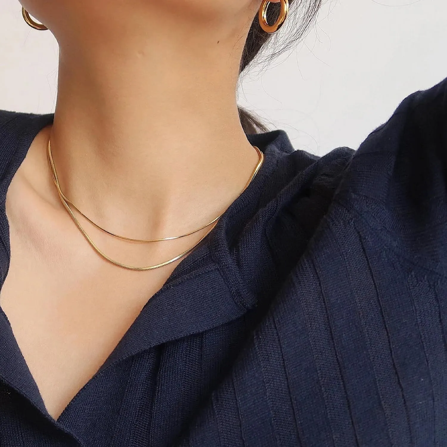 Pencros Herringbone Necklace For Women,14k Gold Plated Layered Gold Necklaces Dainty Gold Herringbone Necklace Figaro Paperclip Snake Chain Choker Necklace For Womens Simple Jewelry Gift