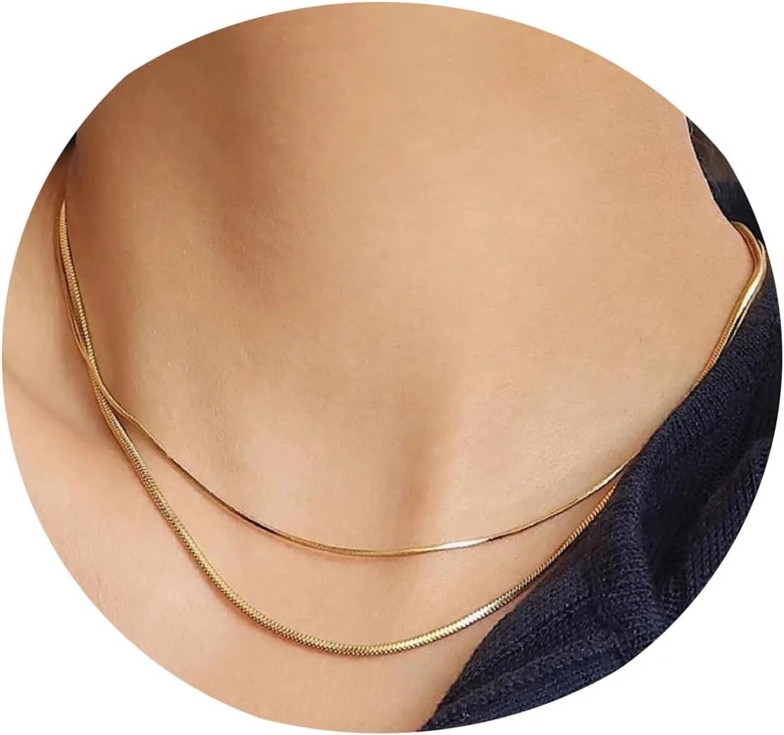 Pencros Herringbone Necklace For Women,14k Gold Plated Layered Gold Necklaces Dainty Gold Herringbone Necklace Figaro Paperclip Snake Chain Choker Necklace For Womens Simple Jewelry Gift
