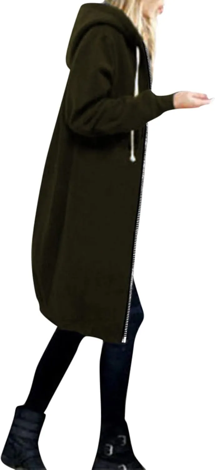 PeQAQ Women's 2024 Plus Size Hooded Coat Lightweight Fall Jacket Long Zipper Sweatshirts Fashion Trendy Casual Trench Coat