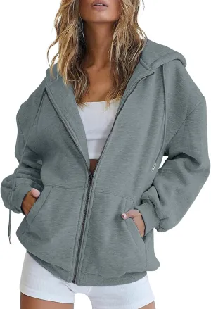 PETYCZEN Zip Up Hoodies for Women Casual Long Sleeve Oversized Sweatshirt Drawstring Cute Teen Girls Jackets Fall Y2K Clothes