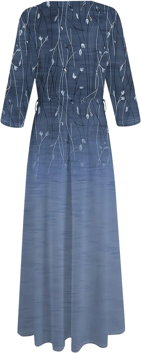 Plus Size Dress for Women 3/4 Sleeve V Neck Flowy Swing Midi Dress Floral Print Cocktail Party Dresses with Belt