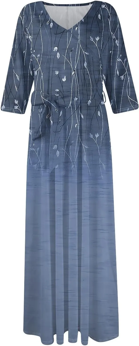 Plus Size Dress for Women 3/4 Sleeve V Neck Flowy Swing Midi Dress Floral Print Cocktail Party Dresses with Belt