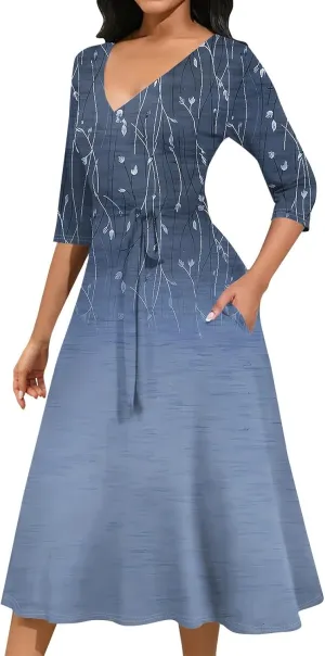 Plus Size Dress for Women 3/4 Sleeve V Neck Flowy Swing Midi Dress Floral Print Cocktail Party Dresses with Belt