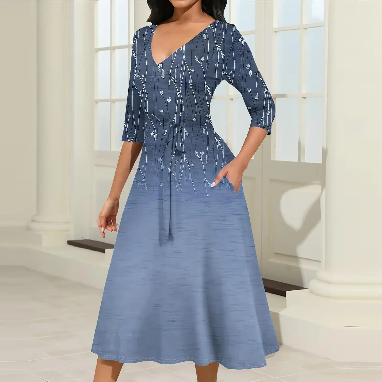 Plus Size Dress for Women 3/4 Sleeve V Neck Flowy Swing Midi Dress Floral Print Cocktail Party Dresses with Belt