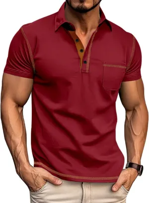 Polo Shirts Men Cotton Blend Short Sleeve Button Slim Fit Color Block Collared Patchwork Summer Tshirts with Pocket