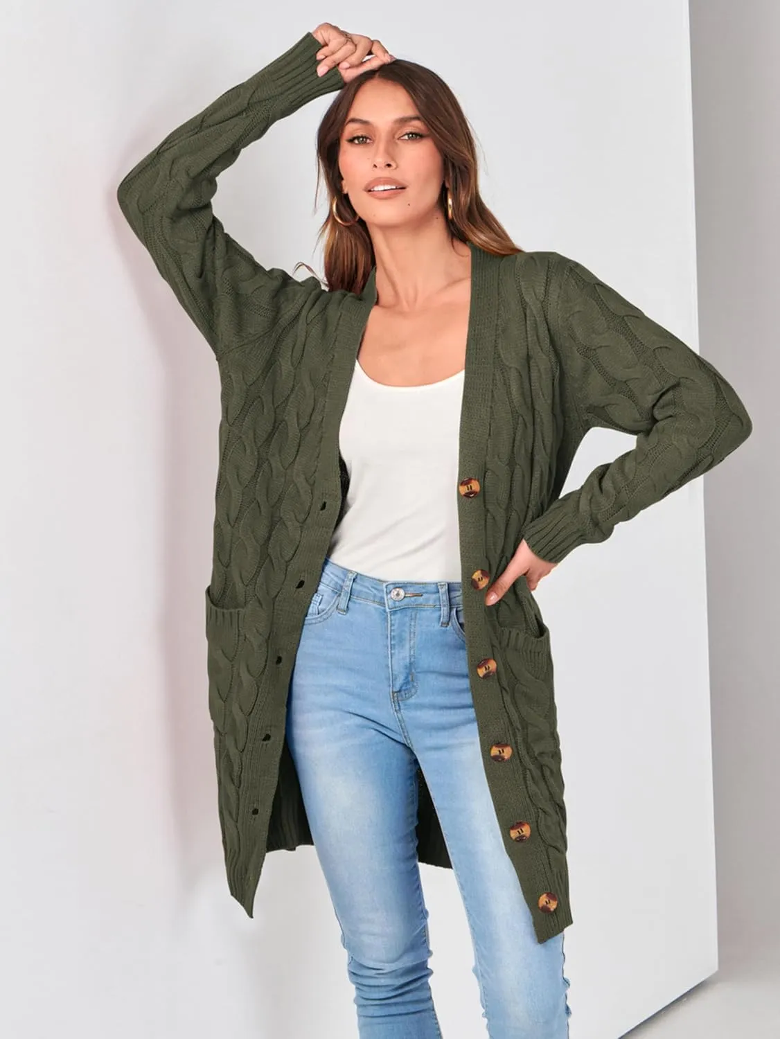 PRETTYGARDEN Long Sleeve Cable Knit Long Cardigan for Women 2025 Fall Winter Chunky Open Front Button Sweaters with Pockets