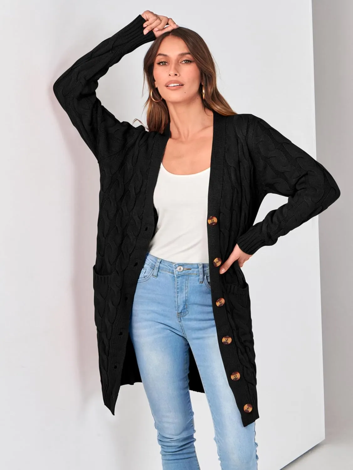 PRETTYGARDEN Long Sleeve Cable Knit Long Cardigan for Women 2025 Fall Winter Chunky Open Front Button Sweaters with Pockets