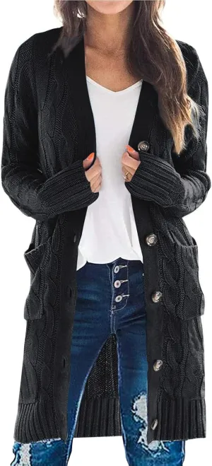 PRETTYGARDEN Long Sleeve Cable Knit Long Cardigan for Women 2025 Fall Winter Chunky Open Front Button Sweaters with Pockets