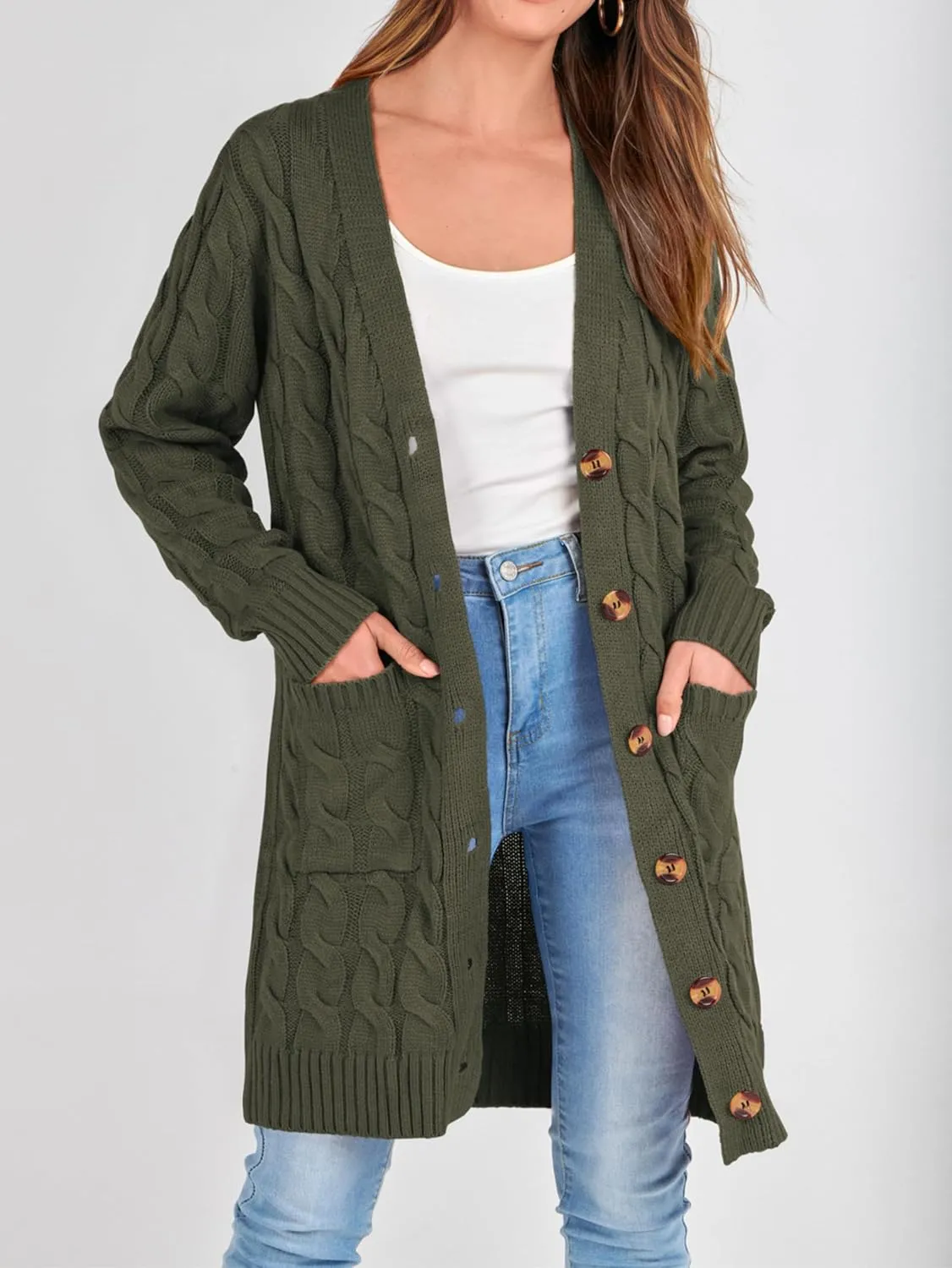 PRETTYGARDEN Long Sleeve Cable Knit Long Cardigan for Women 2025 Fall Winter Chunky Open Front Button Sweaters with Pockets