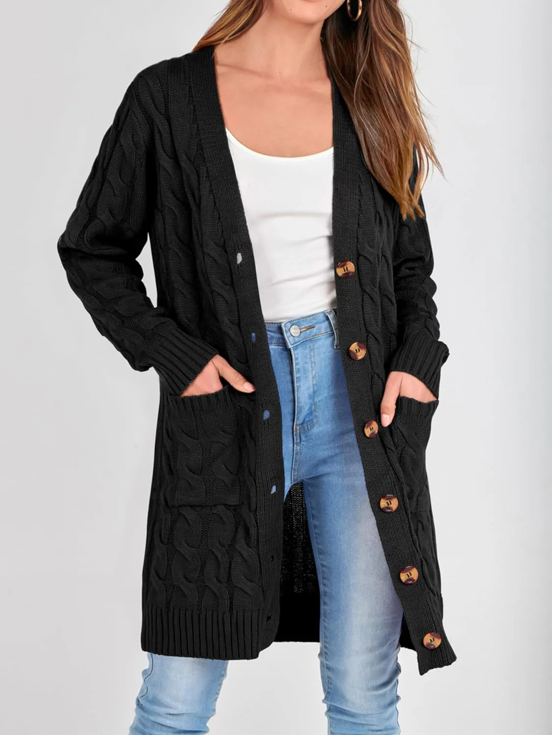 PRETTYGARDEN Long Sleeve Cable Knit Long Cardigan for Women 2025 Fall Winter Chunky Open Front Button Sweaters with Pockets