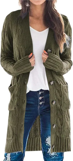 PRETTYGARDEN Long Sleeve Cable Knit Long Cardigan for Women 2025 Fall Winter Chunky Open Front Button Sweaters with Pockets