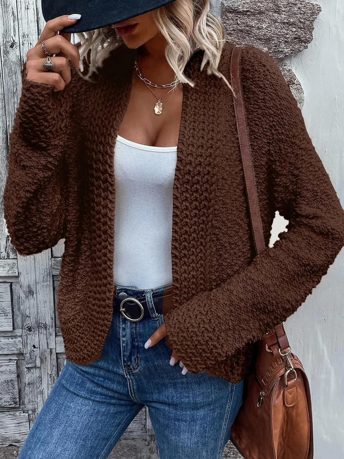 PRETTYGARDEN Open Front Fall Lightweight Cardigan Sweaters for Women Trendy 2025 Popcorn Knit Cardigans Cute Sweater
