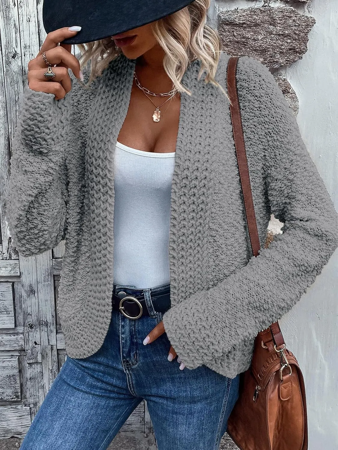 PRETTYGARDEN Open Front Fall Lightweight Cardigan Sweaters for Women Trendy 2025 Popcorn Knit Cardigans Cute Sweater