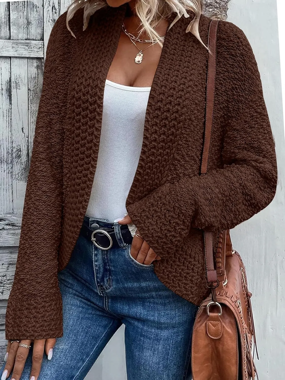PRETTYGARDEN Open Front Fall Lightweight Cardigan Sweaters for Women Trendy 2025 Popcorn Knit Cardigans Cute Sweater