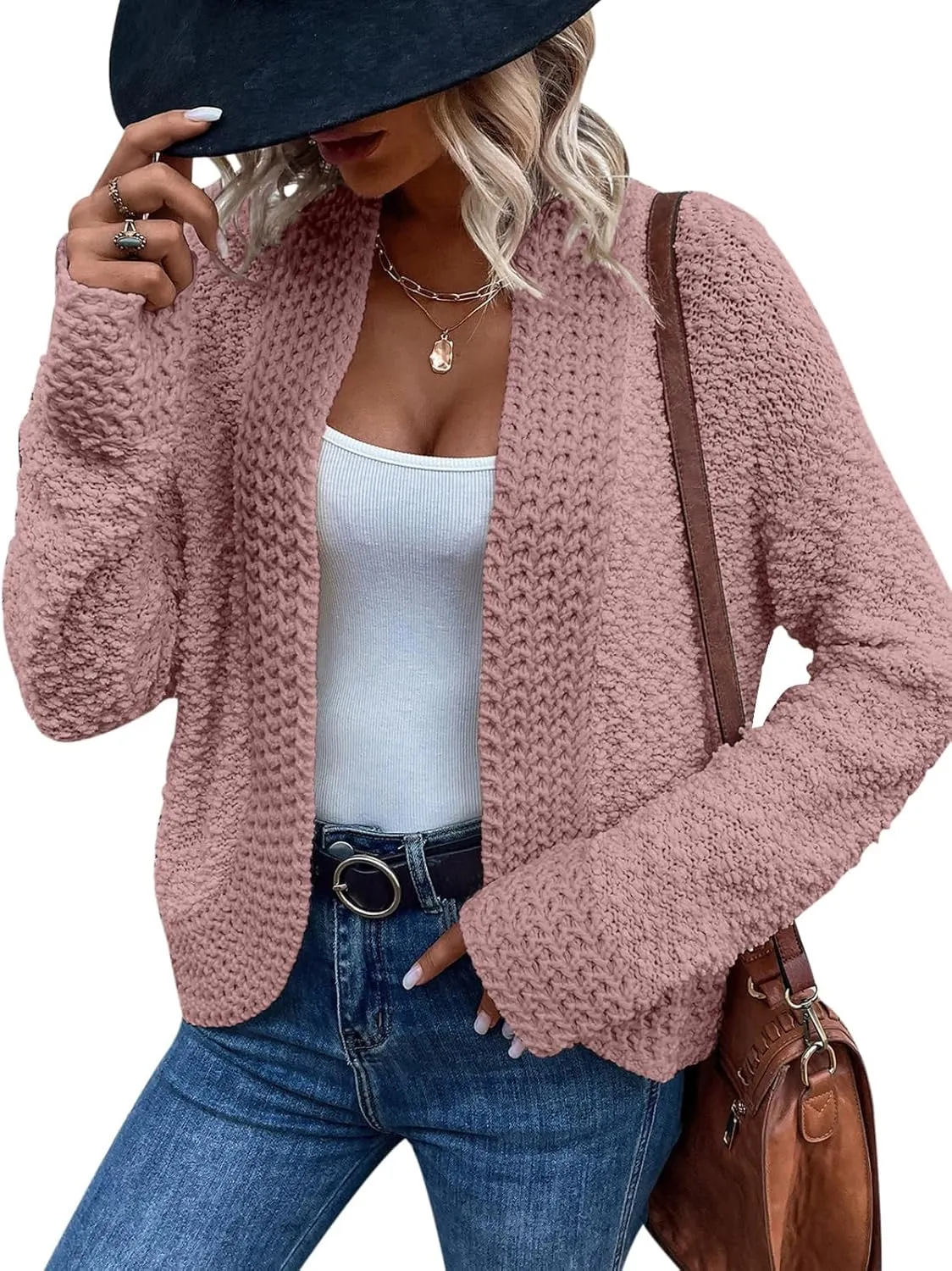 PRETTYGARDEN Open Front Fall Lightweight Cardigan Sweaters for Women Trendy 2025 Popcorn Knit Cardigans Cute Sweater
