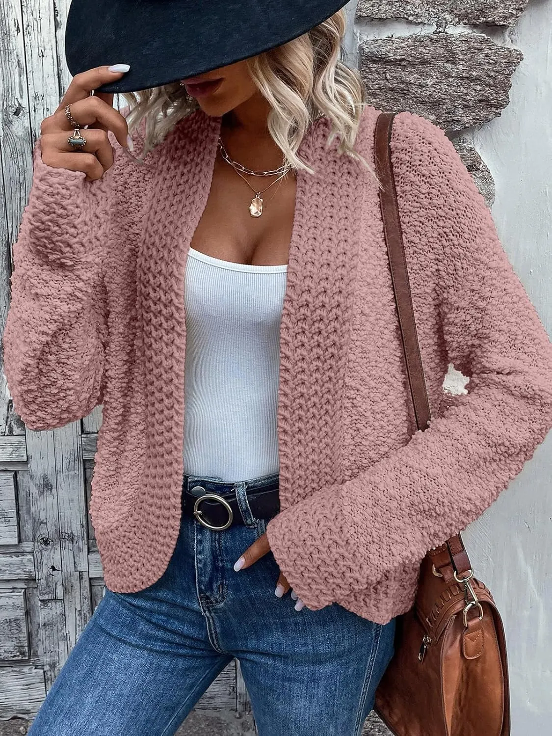 PRETTYGARDEN Open Front Fall Lightweight Cardigan Sweaters for Women Trendy 2025 Popcorn Knit Cardigans Cute Sweater