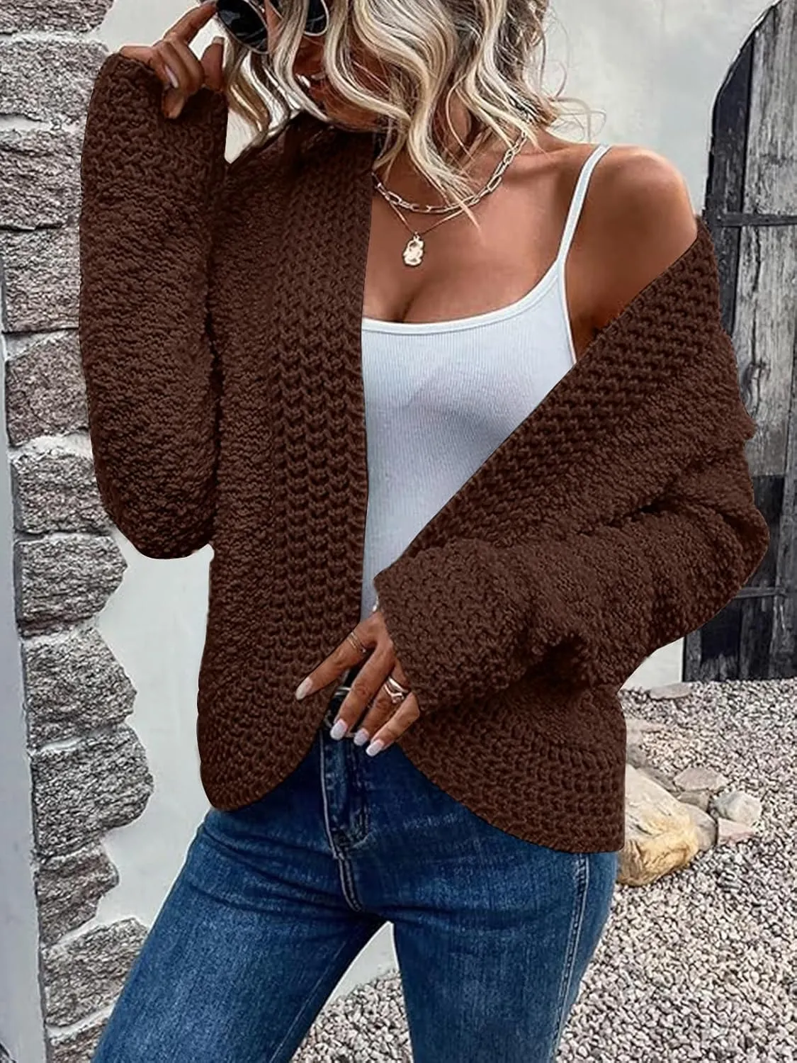 PRETTYGARDEN Open Front Fall Lightweight Cardigan Sweaters for Women Trendy 2025 Popcorn Knit Cardigans Cute Sweater