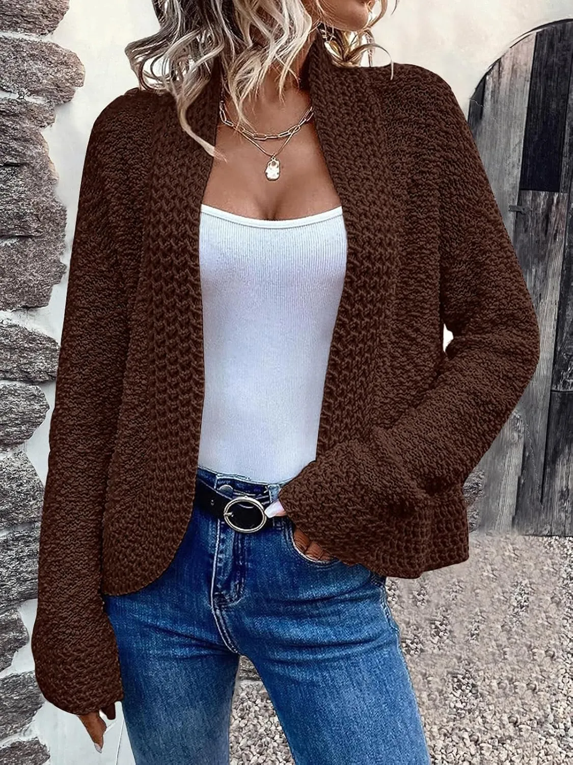 PRETTYGARDEN Open Front Fall Lightweight Cardigan Sweaters for Women Trendy 2025 Popcorn Knit Cardigans Cute Sweater
