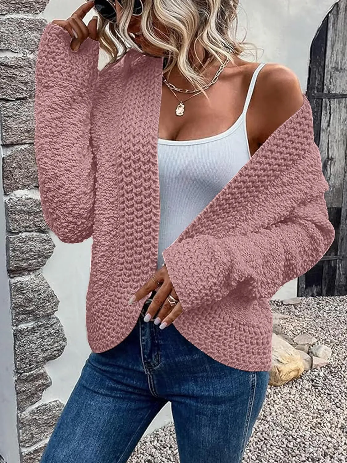 PRETTYGARDEN Open Front Fall Lightweight Cardigan Sweaters for Women Trendy 2025 Popcorn Knit Cardigans Cute Sweater