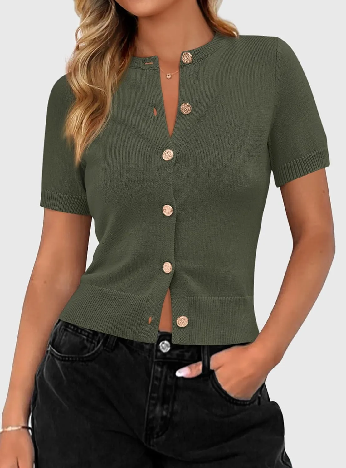PRETTYGARDEN Womens Casual Summer Short Sleeve Cardigans 2025 Button Down Knitted Sweater Basic Crew Neck Crop Tops