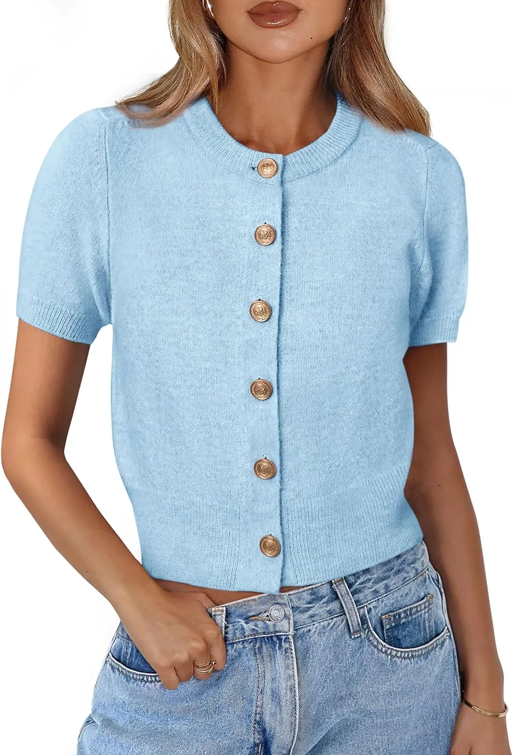 PRETTYGARDEN Womens Casual Summer Short Sleeve Cardigans 2025 Button Down Knitted Sweater Basic Crew Neck Crop Tops